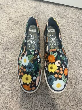 Keds Navy Floral Slip-On Sneakers - Yellow, Orange, Green, Blue, White